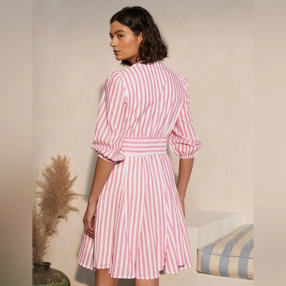 BODEN Puff Sleeve Cotton Pink White Striped Dress Button Down Ruffle Hem SZ 2 - Picture 10 of 16